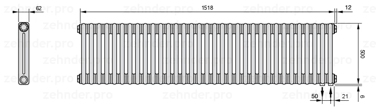 Схема (чертеж) Радиатор Zehnder Charleston 2050/33 №5510 Белый глянцевый RAL 9016